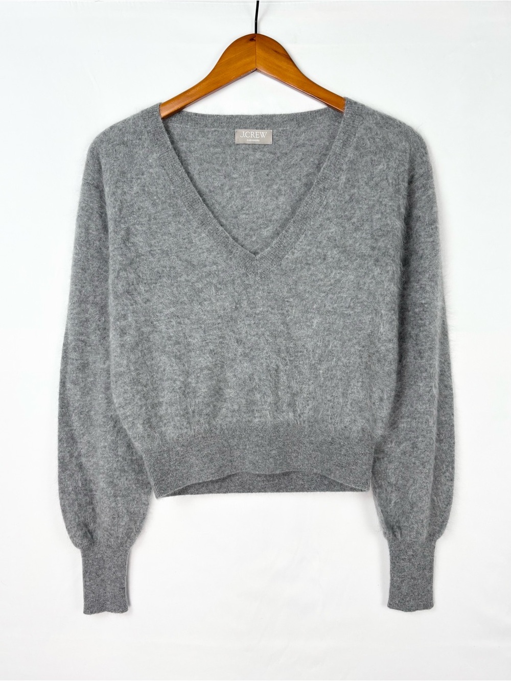 J Crew Brushed Cashmere V Neck Sweater Gray Crop Women Balloon Sleeve